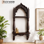 Flexwood Hand-Carved Dark mango Wood Pooja Shelf with Middle Shelf -  Temple Wall Mount(dark walnut)