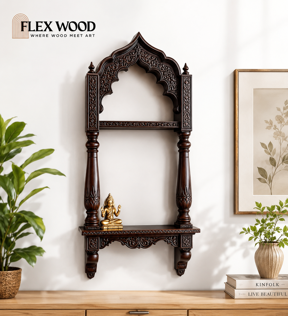file_000000009a308207bf5918c704f3caed Flexwood Hand-Carved Dark mango Wood Pooja Shelf with Middle Shelf - Temple Wall Mount(dark walnut) - Image 1
