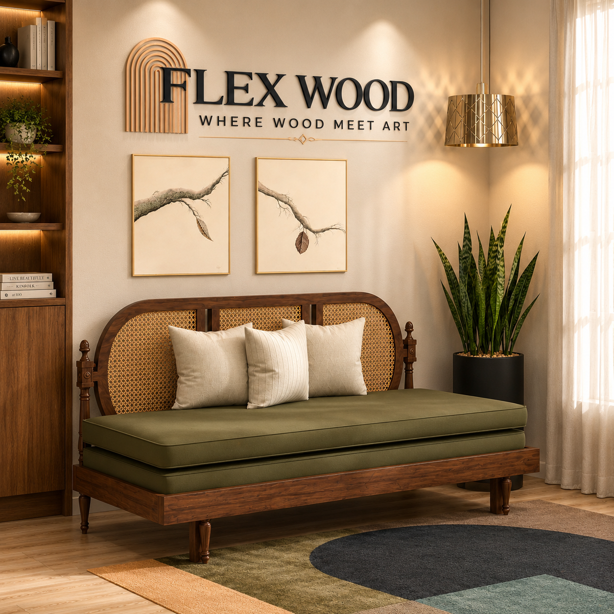file_00000000a51081fa927bd57f04c8f402 Flexwood antique look s sofa cum bed with cane detailing(walnut finish) - Image 1