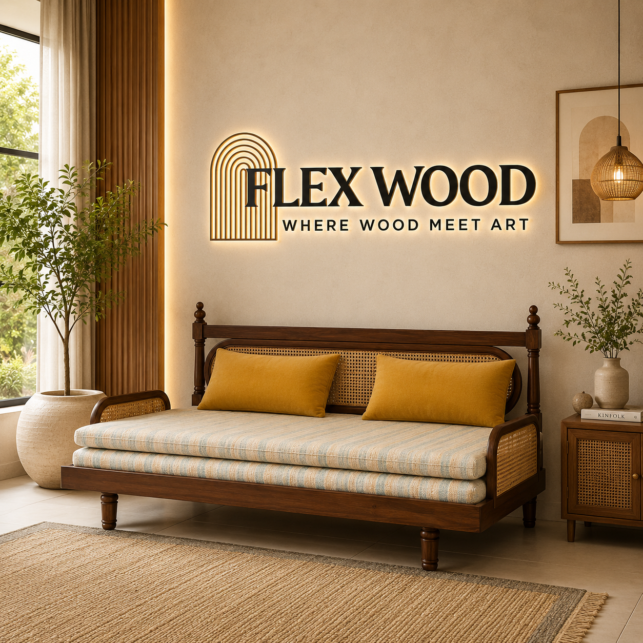 file_00000000afec81fa9d898f4aa3dbf598 Flexwood Elegant Cane-Style Day Bed with Cushioned Backrest (walnut finish) - Image 1