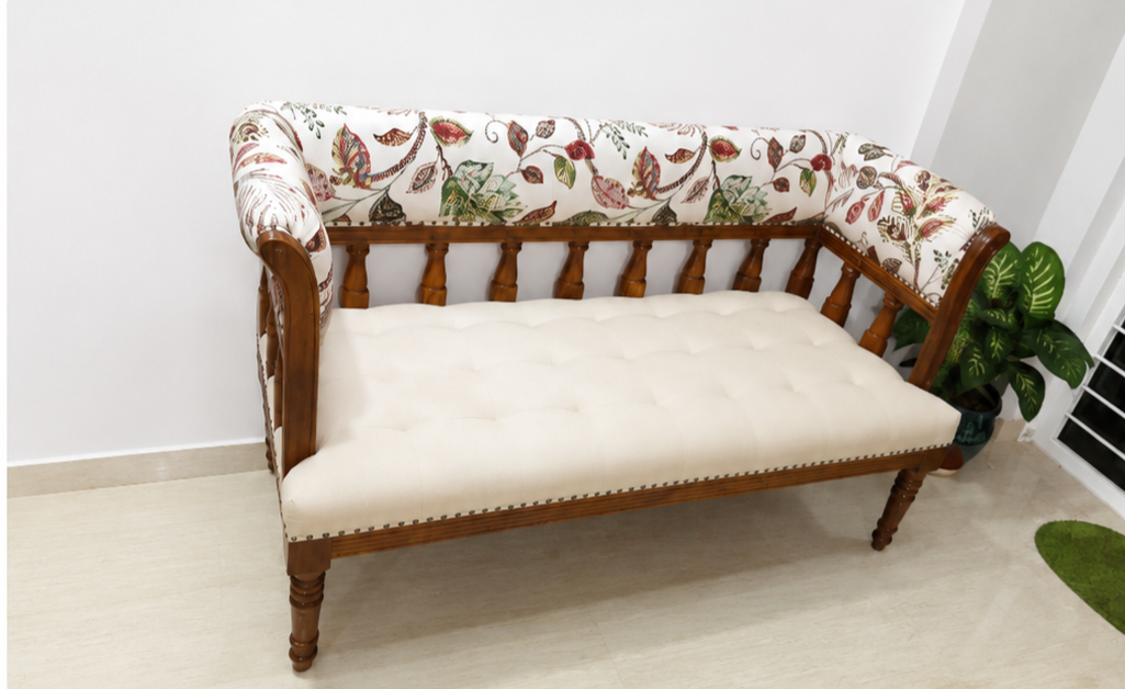 Bench with Back Rest in Honey Finish Mango Wood – Cotton Upholstery photo review