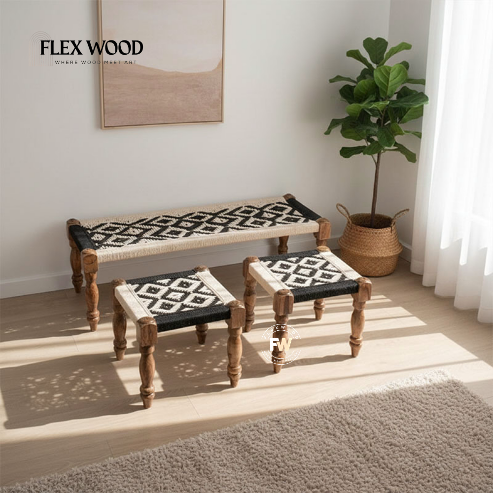 1 Cotton Rope Bench with Stool Set of 3 - Image 1
