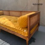 Natural Wooden Cane Day Bed Sofa with Mattress & Side Pillows - Image 3