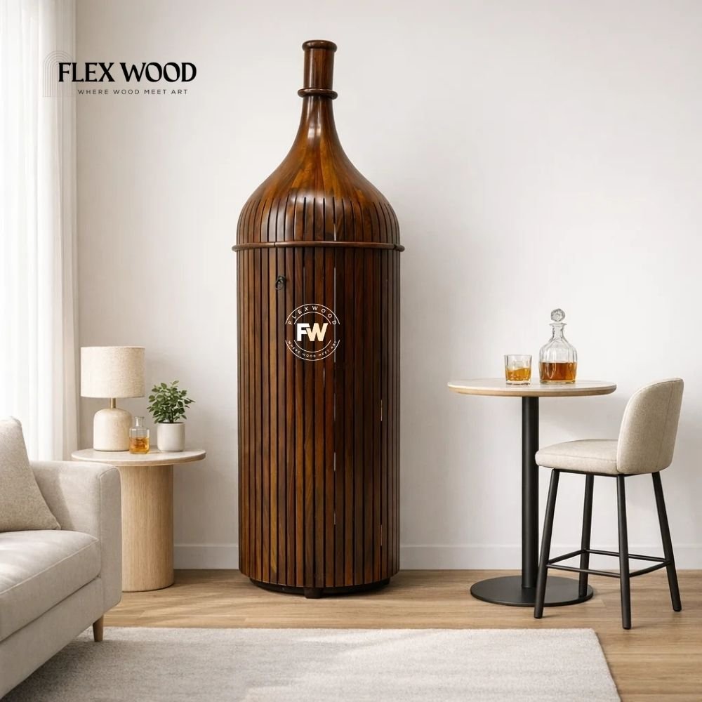 39 Modern Bottle-Shaped Sheesham Wood Bar Cabinet with Door - Image 1