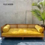 Natural Wooden Cane Day Bed Sofa with Mattress & Side Pillows - Image 2
