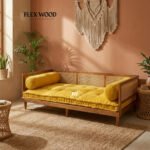 Natural Wooden Cane Day Bed Sofa with Mattress & Side Pillows