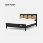 Black Wood Bed with Rattan Panel Headboard - Image 2