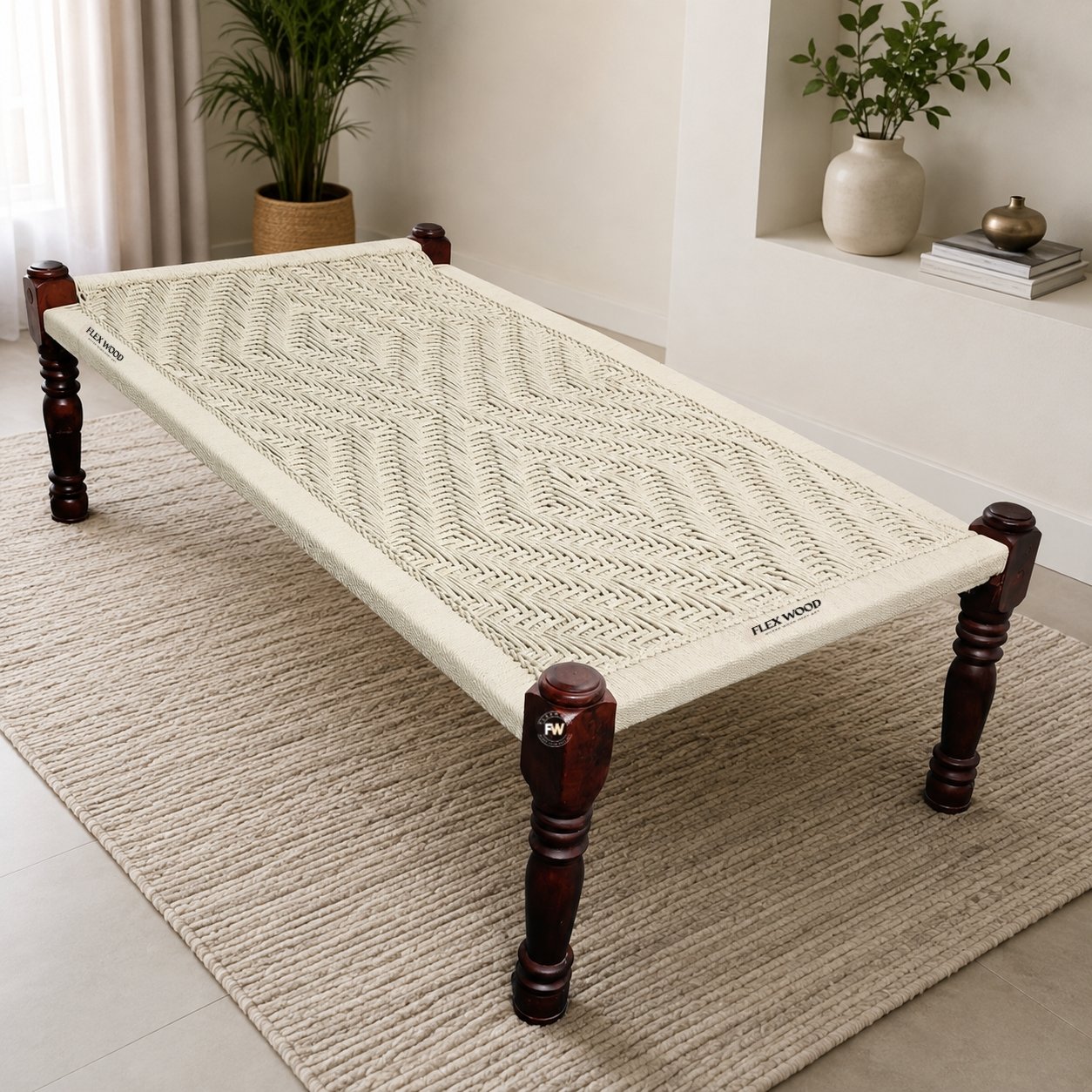 Picsart_26-08-12_12-47-08-739 Flexwood Rajasthani Wooden Khatiya Khaat (White) - Image 1