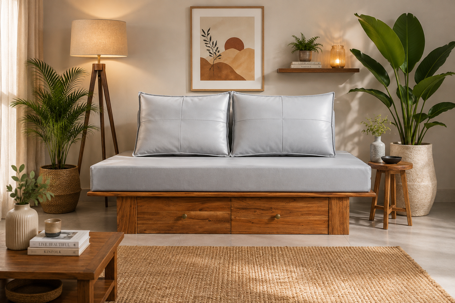 file_00000000e3c88230b08936c303585fa6 Flexwood solid wood 2 seater with drawer storage in (natural finish) - Image 1
