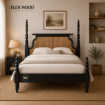 Flexwood Cane Four-Poster Bed with Woven Headboard(balck finish)