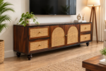 Ekau Premium solid wood t v unit with cane panel cabinet sheehsaam wood(honey finish) - Image 2