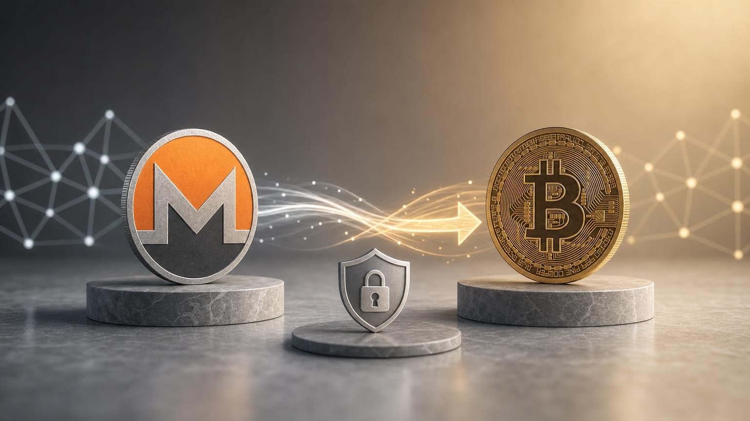 A step-by-step XMR-to-BTC exchange route showing address checks, transaction states, confirmations, and recovery steps